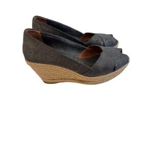 Tory Burch Filipa Wedge Espadrilles Peephole Toe in Pewter Metallic Linen (Sz 9)